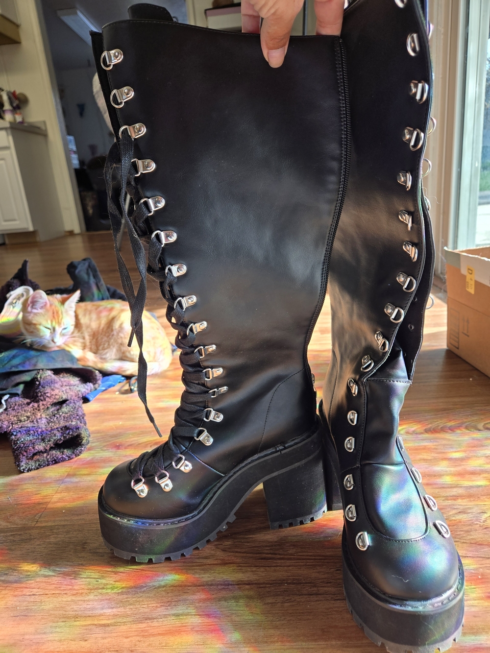 Black Platform Lace-Up Knee-High Boots